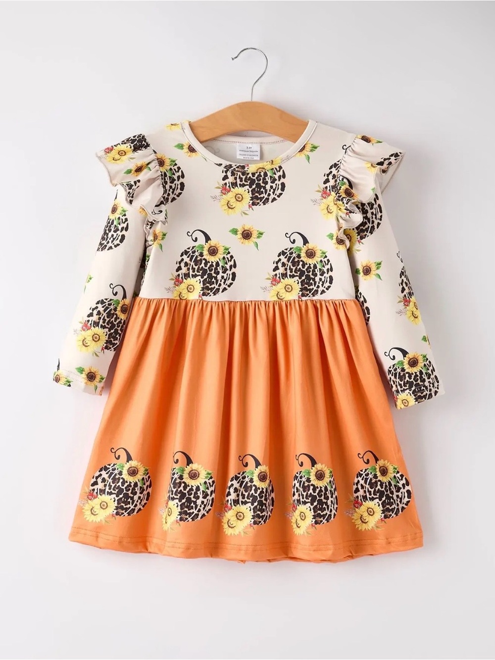 Girls Orange & Cream Pumpkin Print Ruffle Dress